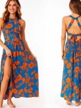 Abel the Label Blue Floral Halter Maxi Dress with Orange Bloom Print